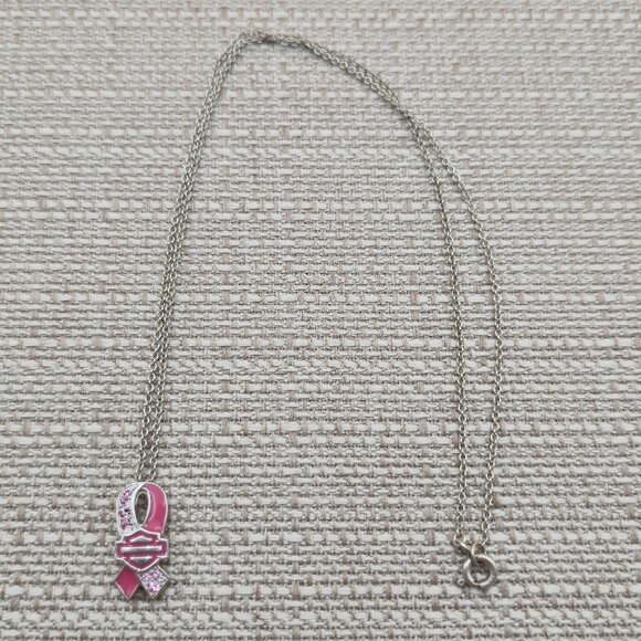18 Inch Sterling Silver Breast Cancer Pink Ribbon Rustic Necklace A4747 - Picture 1 of 8